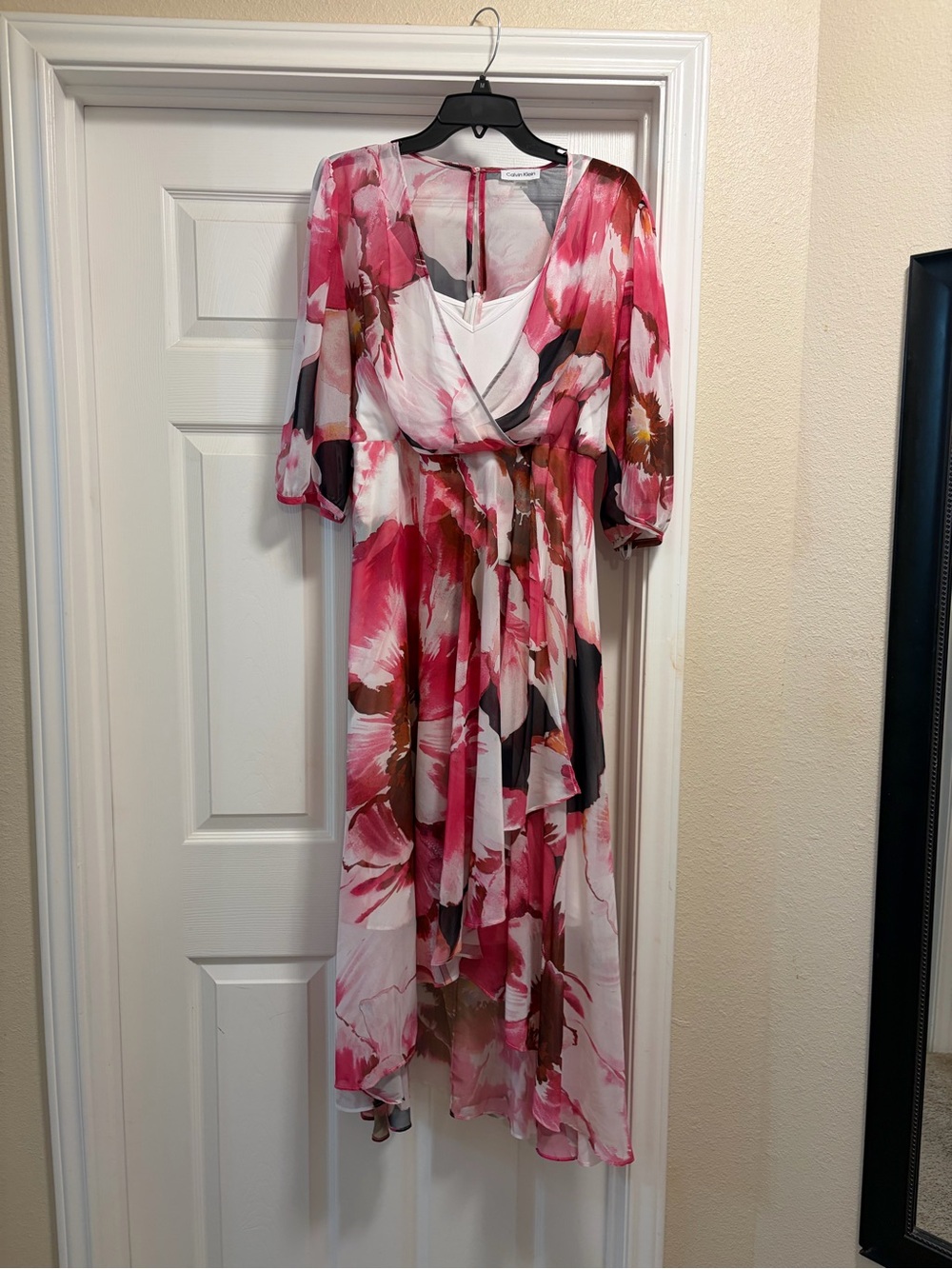 Calvin Klein Pink & White Floral High-Low Wrap Dress